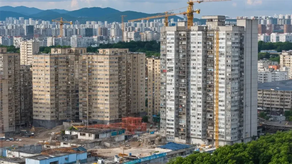 낡은 저층 아파트 단지 옆으로 타워크레인이 선 고층 아파트 공사 현장을 내려다본 항공 사진